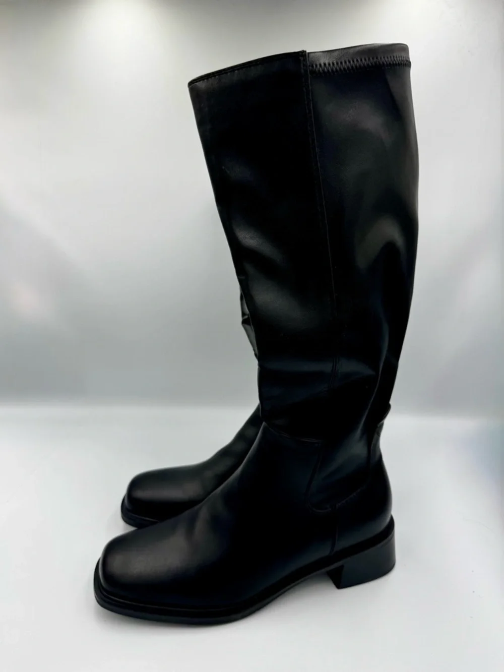 Black Vegan Leather Square Toe Knee High Boots Block Heel Size 10